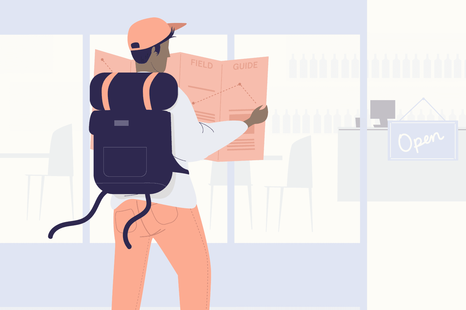 Traveler with backpack reads field guide map.