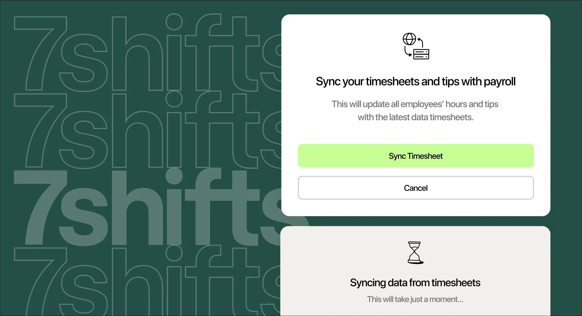 Image of product mockup showing time sheets syncing to 7shifts Payroll