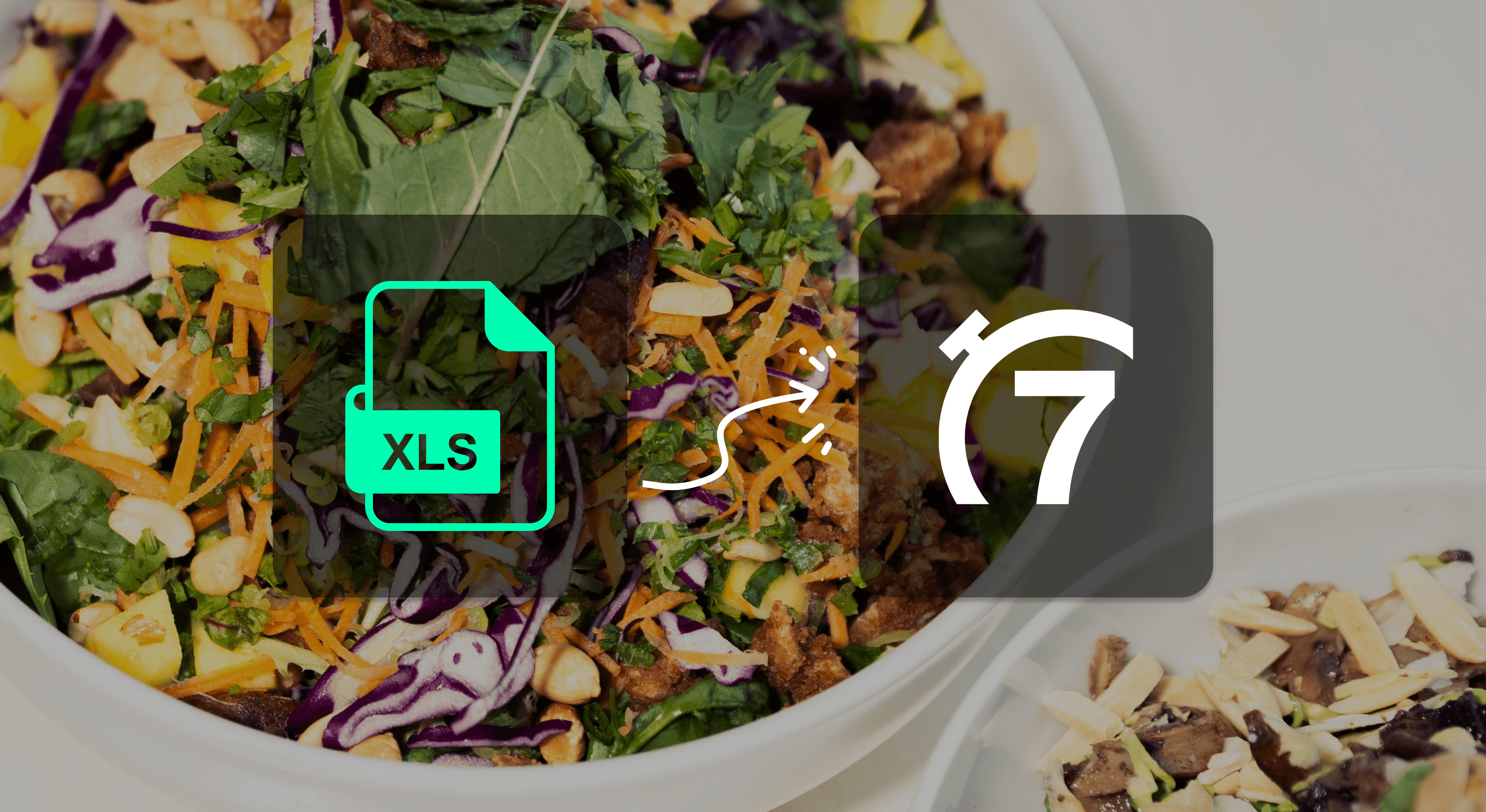 Image of Excel logo transitioning into 7shifts icon logo on top of photo of food