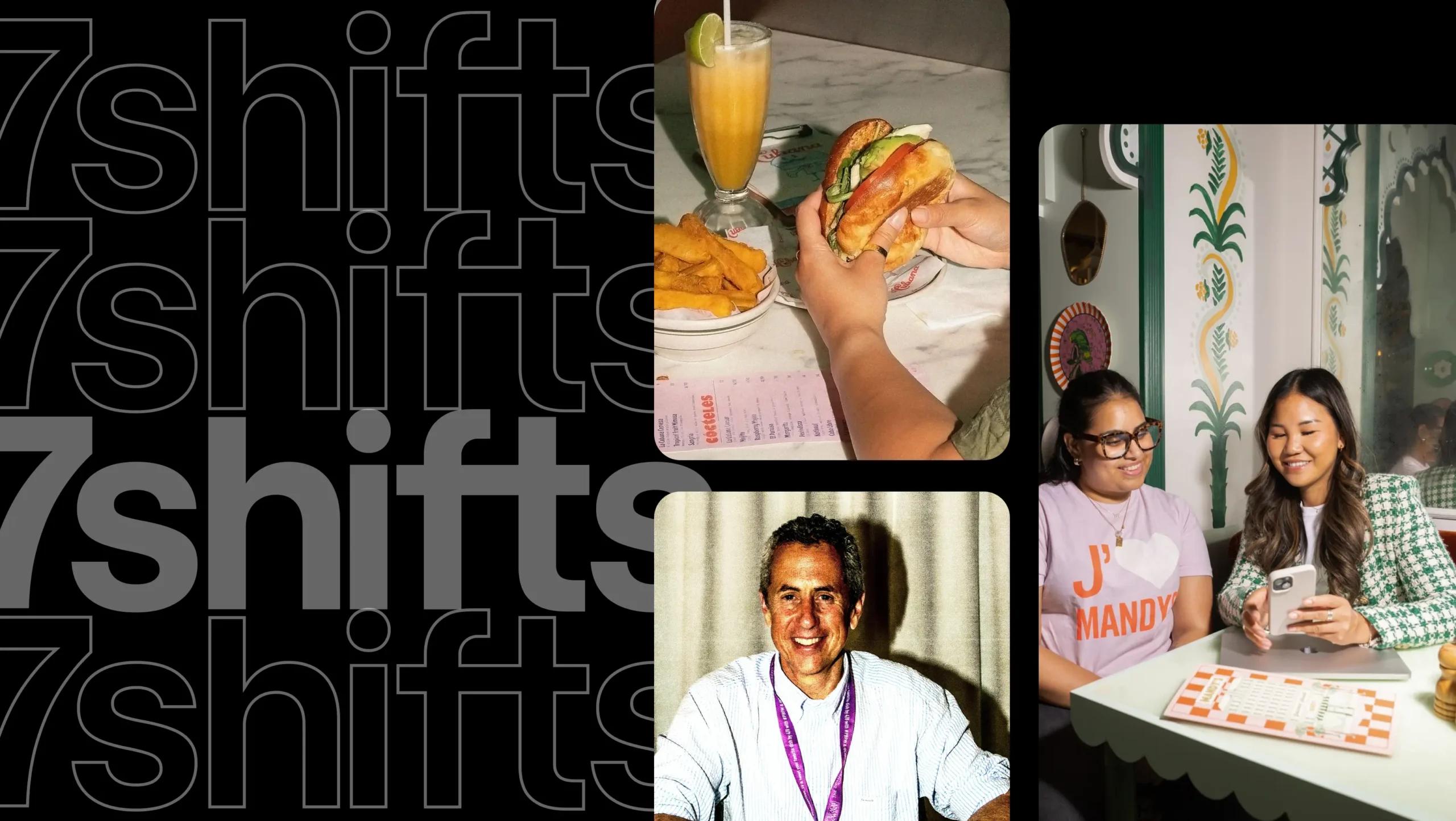 Photo collage of Danny Meyer, someone eating a burger at a restaurant, and a team of employees smiling at a mobile device, with 7shifts logo on left