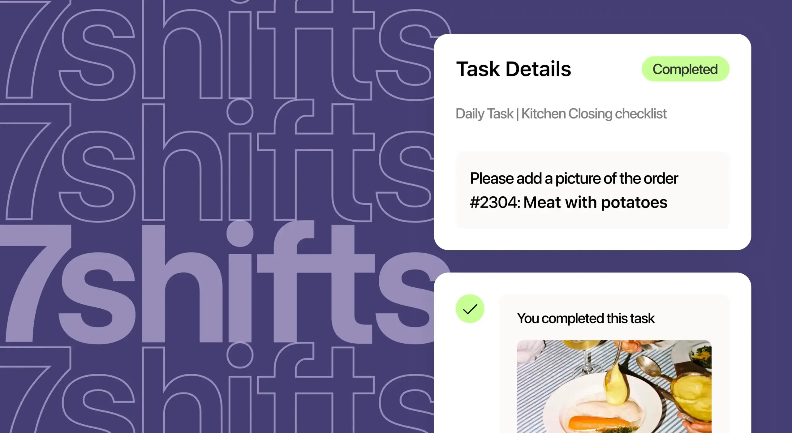 Image of 7shifts task management product floating on dark purple background