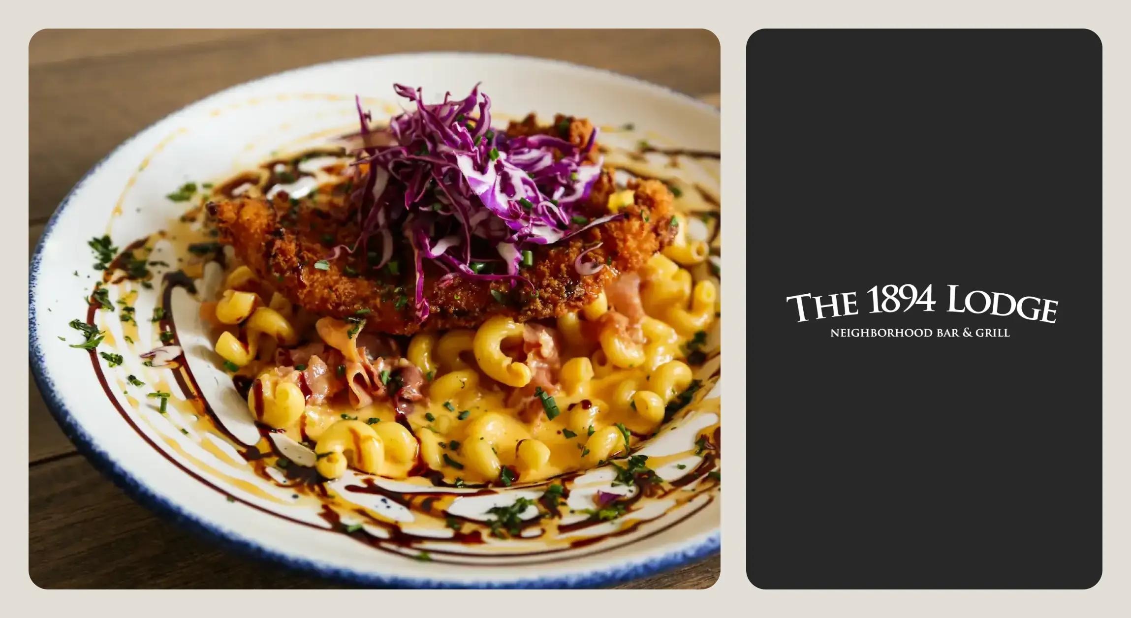 Left photo of plate of mac and cheese, right image of 1894 Lodge restaurant logo on black background