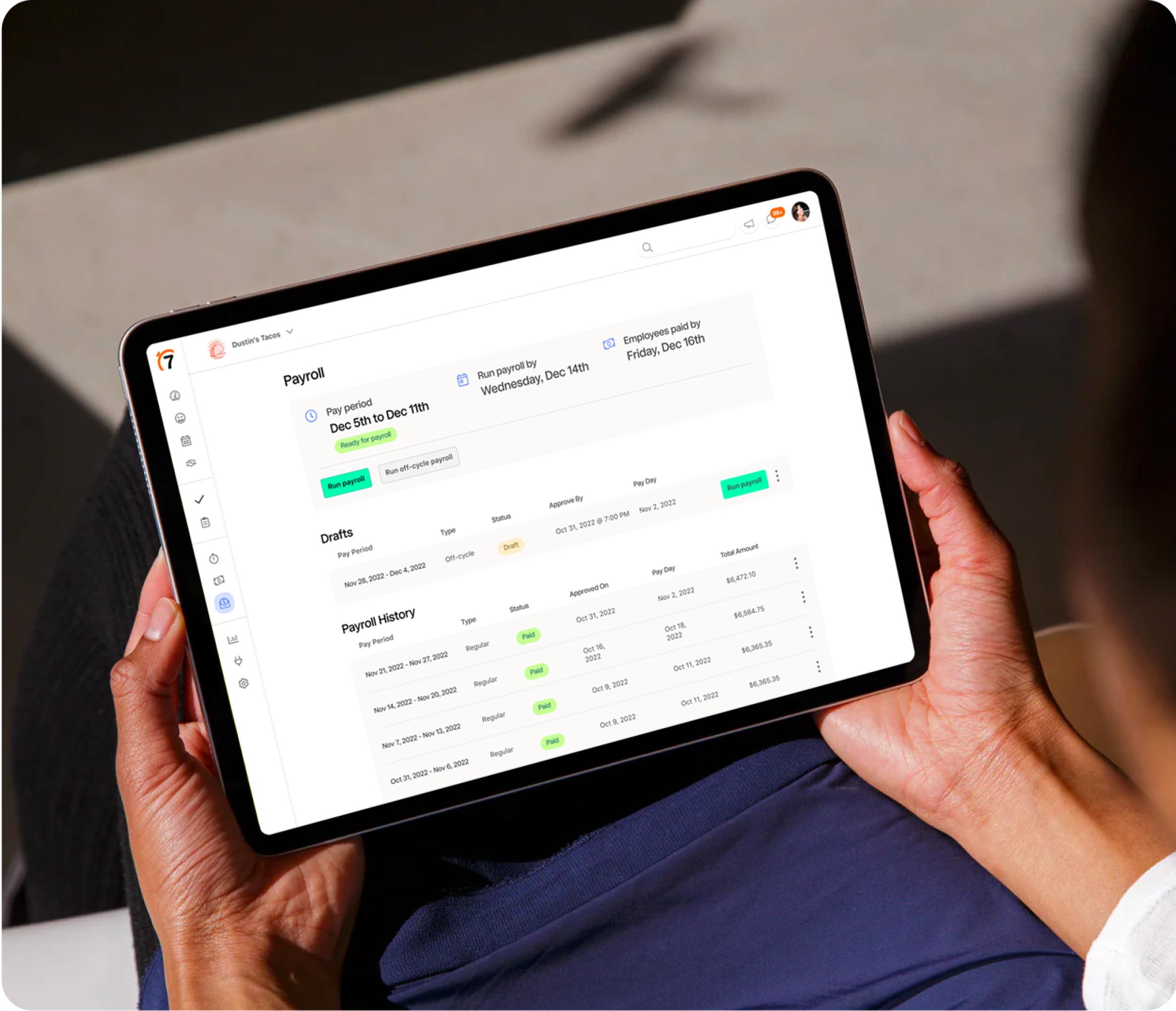 7shifts payroll product as viewed on a mobile tablet