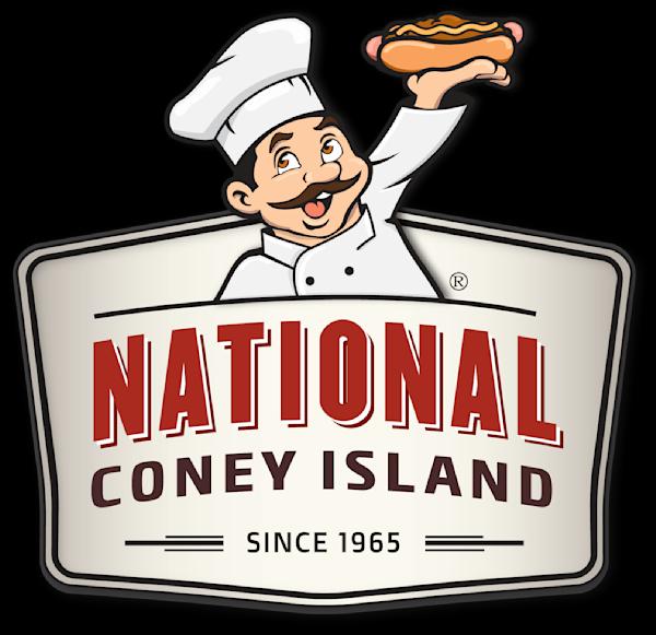 National Coney Island logo featuring cartoon chef holding hotdog