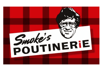 Smoke's Poutinerie logo overlaid on a plaid background of red and black