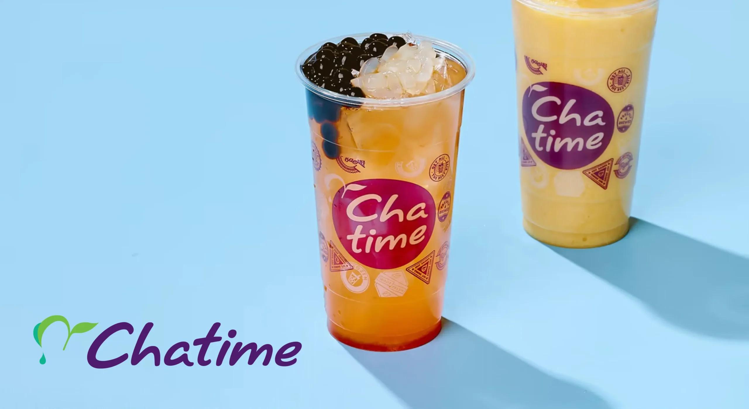 Chatime bubble teas on blue background