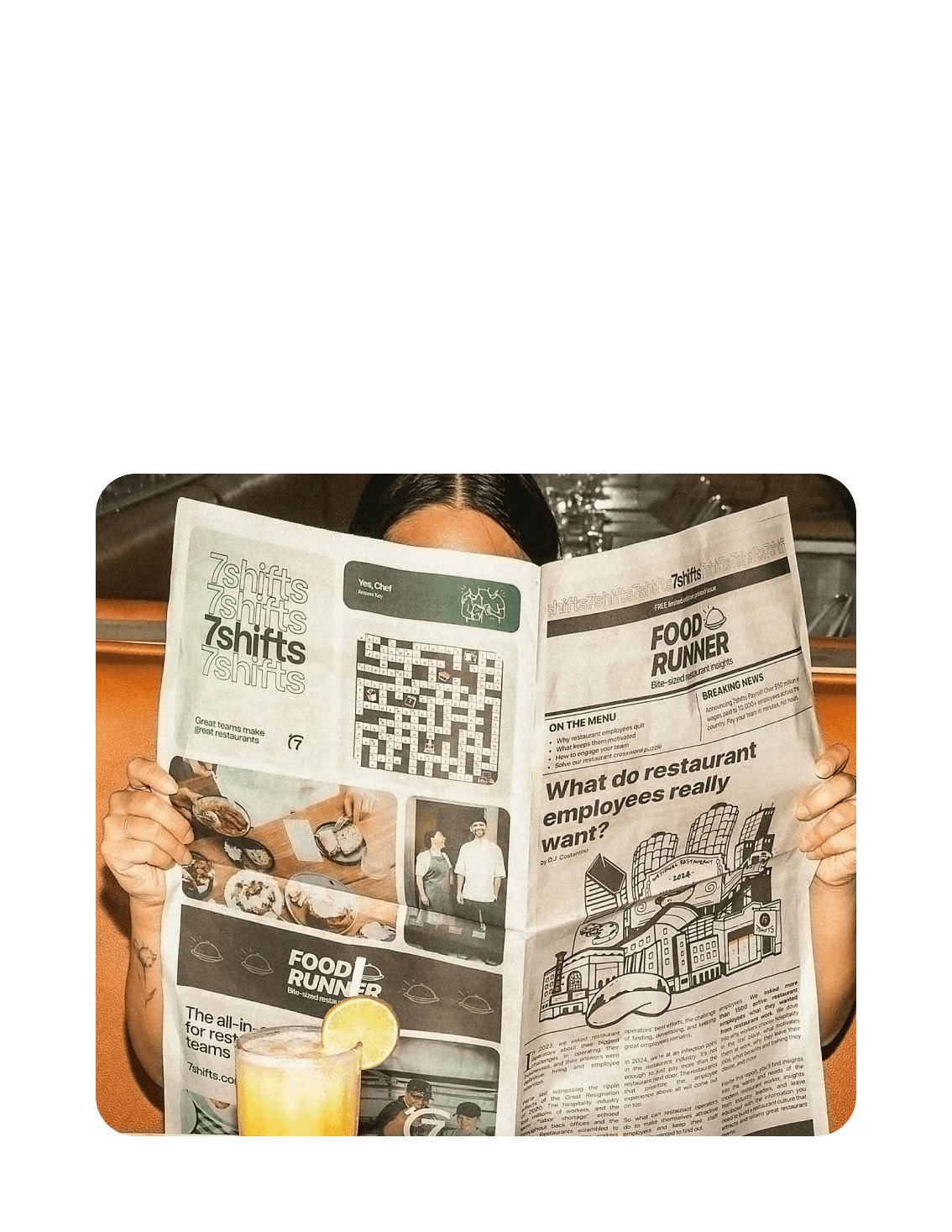 Promotional image of woman reading 7shifts Food Runner newsletter