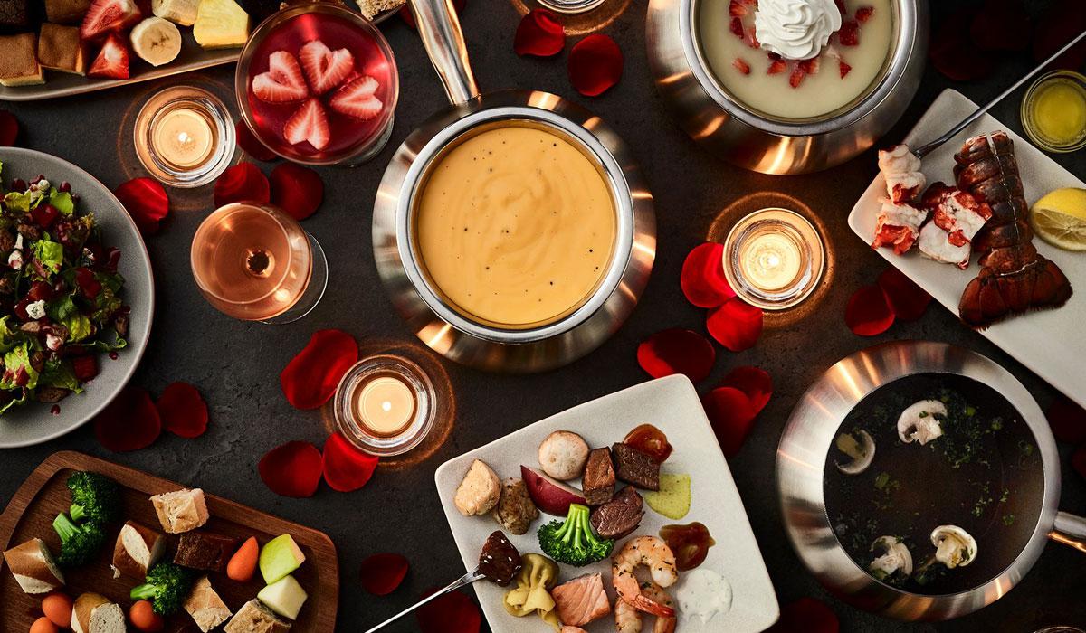 Aerial view of fondue dinner