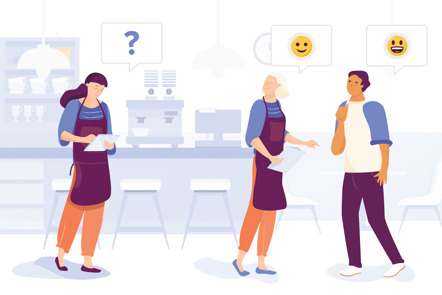 Cafe employees discussing customer feedback