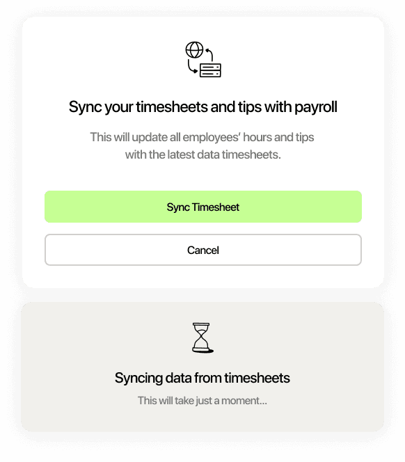 7shifts screen for syncing restaurant worker timesheets and tips with payroll